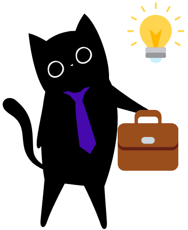 Gato negro con cobata y un maletin, al lado un foco amarillo